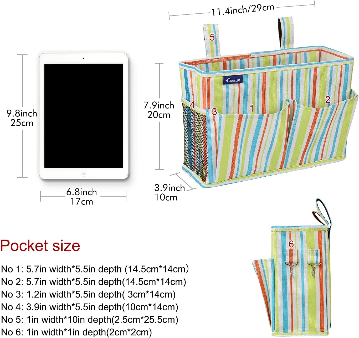 Surblue Bedside Caddy Hanging Bed Organizer Storage Bag Pocket for Bunk and Hospital Beds, College