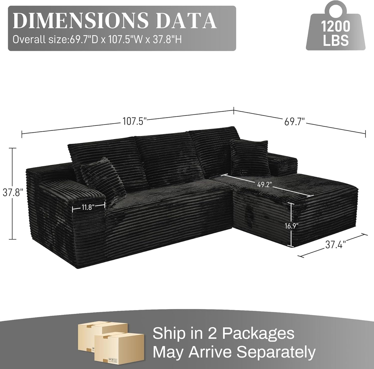 Modular Sectional Sofa Cloud Sectional Couch, 107" Comfy Fluffy L Shaped Black Couches for Living