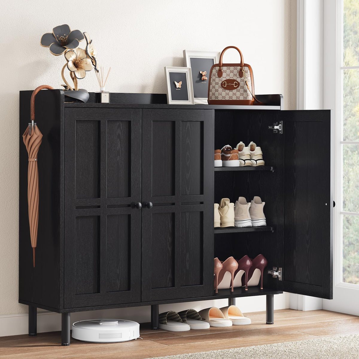 ComfyCorner Shoe Cabinet with 3 Doors, Shoe Rack for Entryway, Black