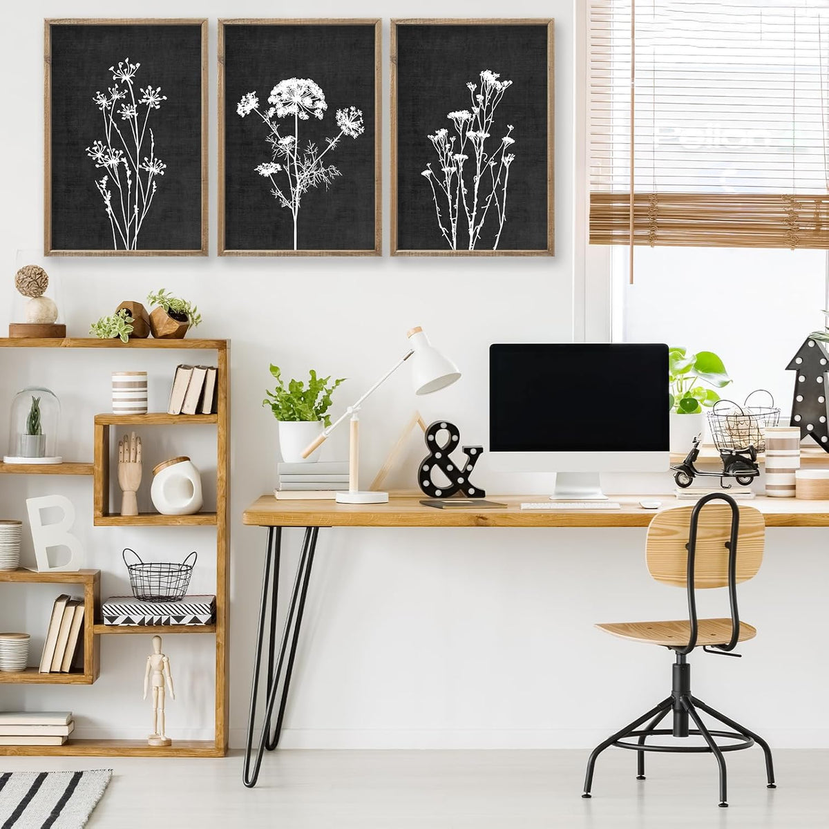 Flower Plant Wall Art Decor 24"x16" Set of 3 Black And White Botanical Painting Wood Framed For