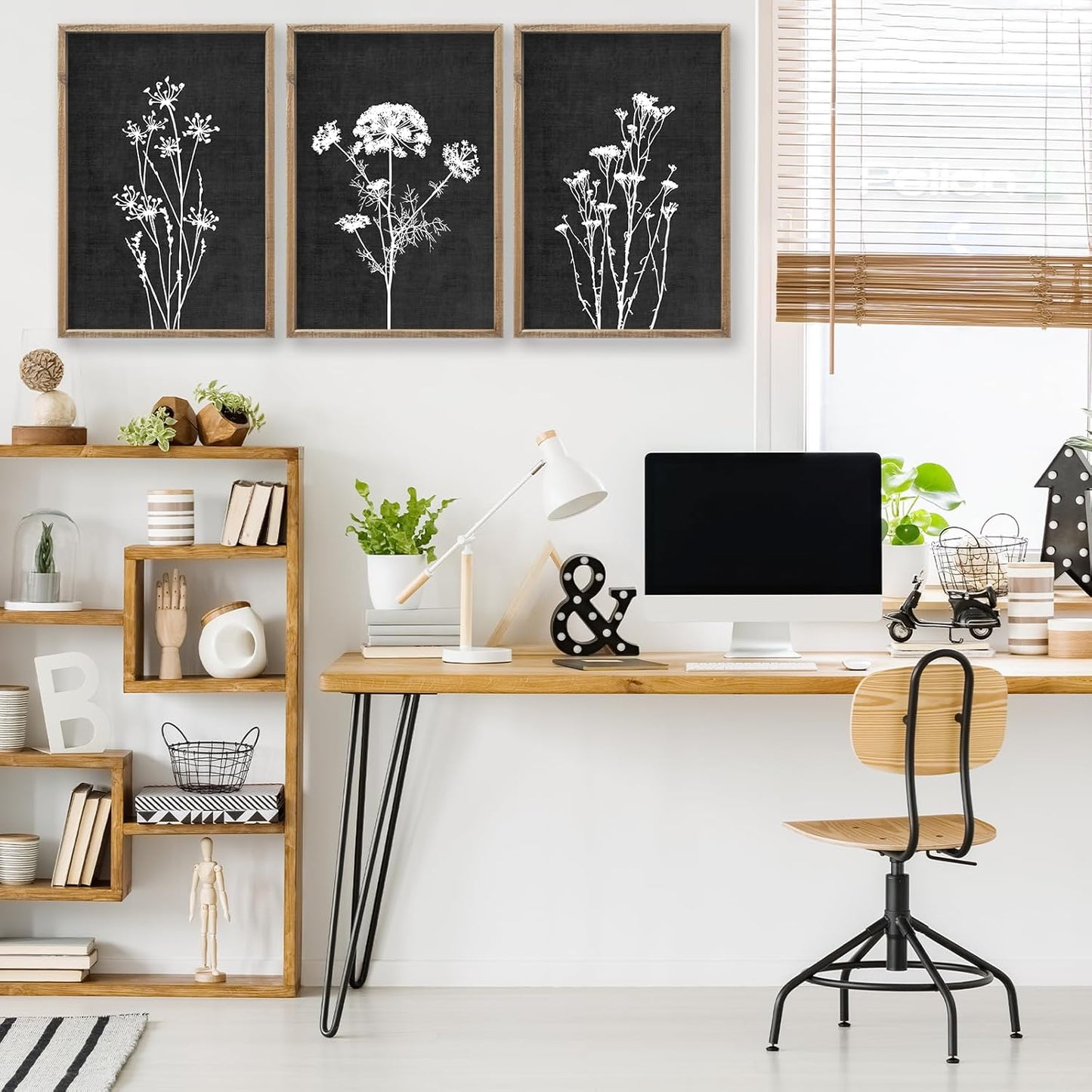 Flower Plant Wall Art Decor 16"x11" Set of 3 Black And White Botanical Painting Wood Framed For