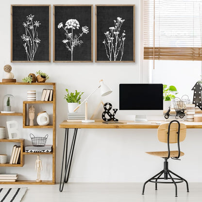 Flower Plant Wall Art Decor 16"x11" Set of 3 Black And White Botanical Painting Wood Framed For