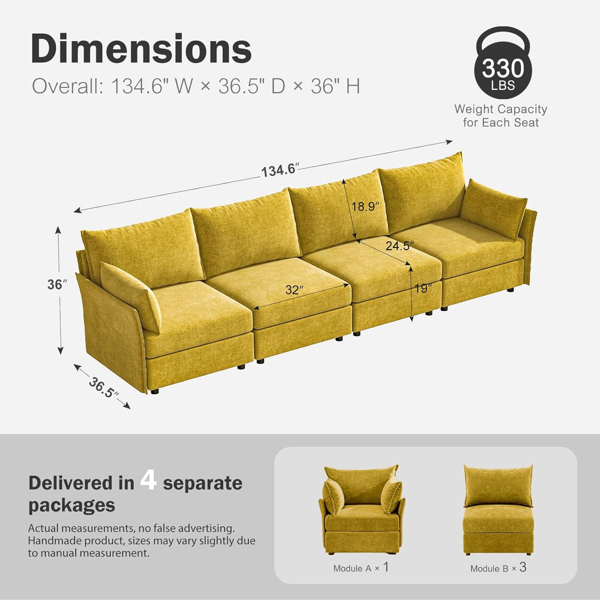 134.6" Modular Sectional Sofa, Oversized 4 Seater Couch with Removable Yellow Chenille Fabric