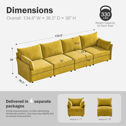 134.6" Modular Sectional Sofa, Oversized 4 Seater Couch with Removable Yellow Chenille Fabric