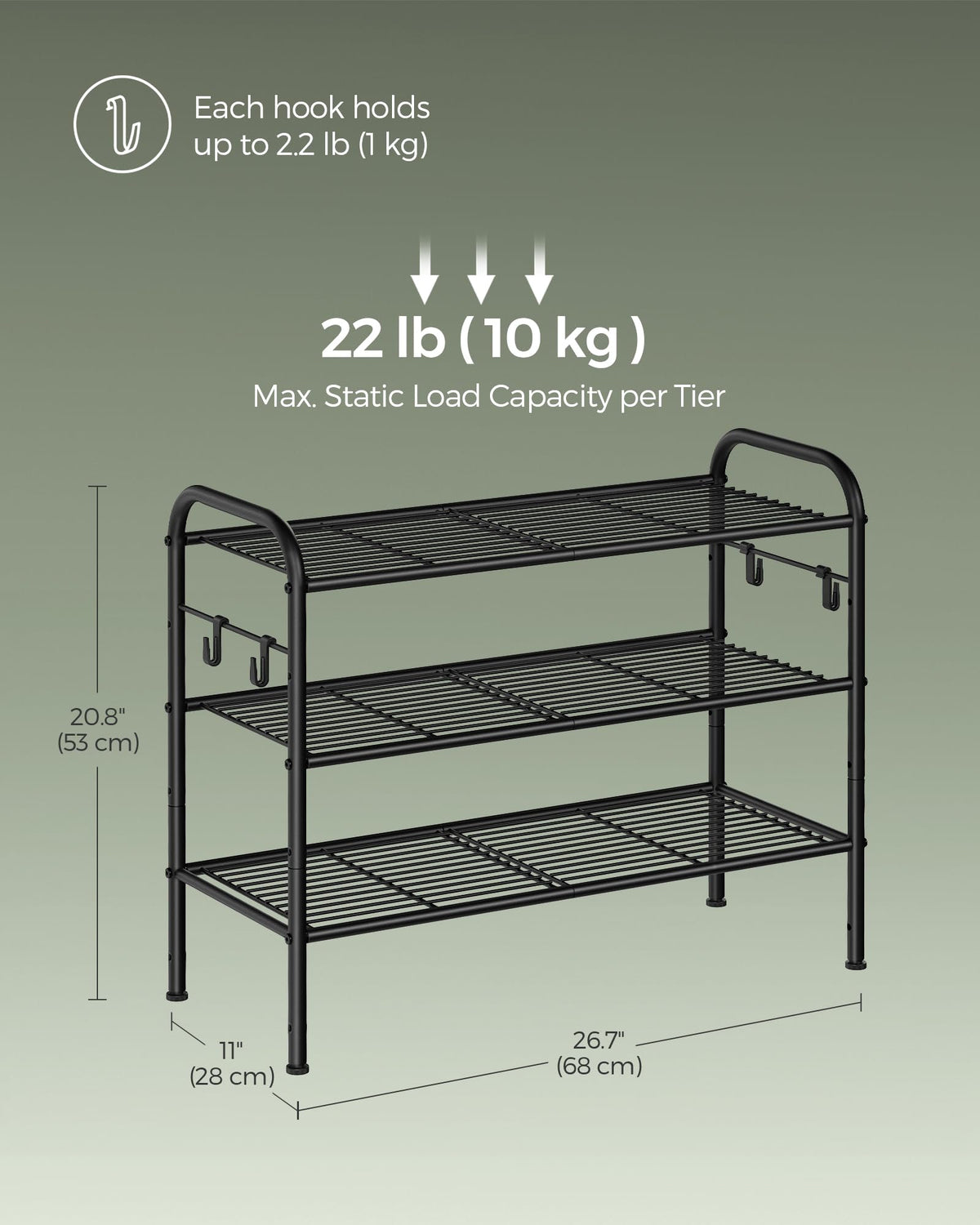 SONGMICS 3-Tier Metal Shoe Rack, Shoe Orgainzer, 26.7" Wide, Holds 12 Pairs