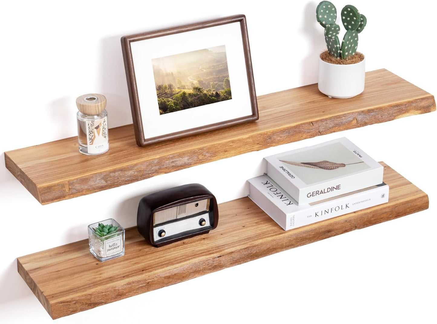 Floating Shelves for Wall Decor, Rustic Solid Elm Wood Live Edge Floating Shelves Wall Mounted