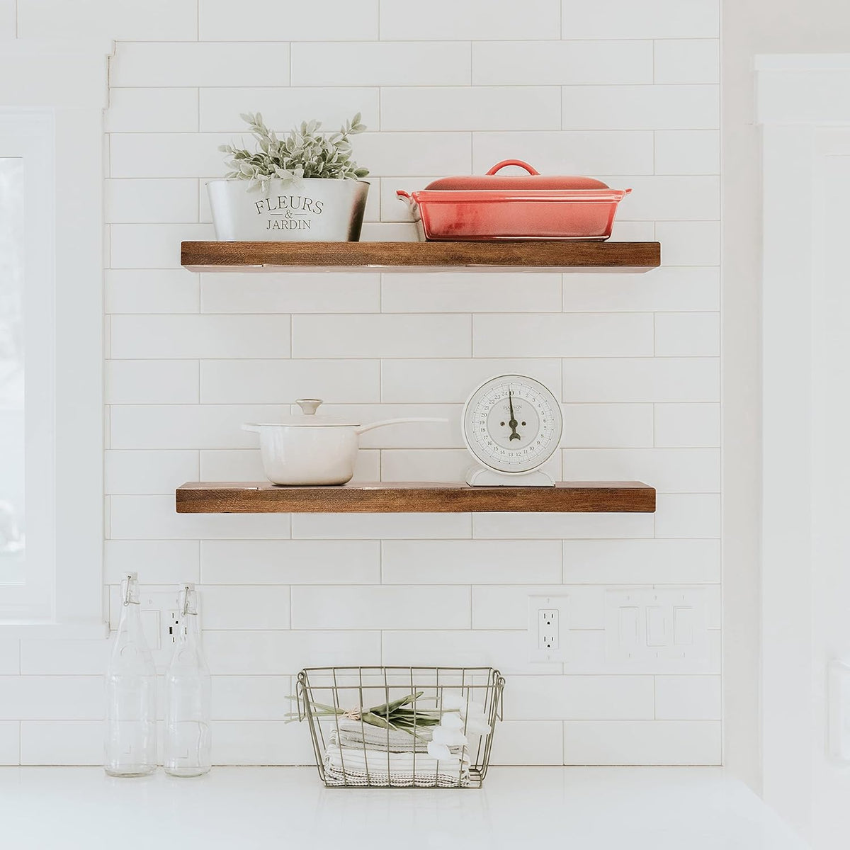 URBANDI, Rustic Floating Shelves, Set of 2, Hidden Bracket, Solid Wood, Heavy Duty, Wall Mounted