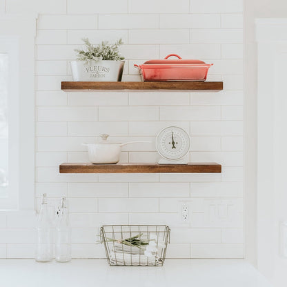 URBANDI, Rustic Floating Shelves, Set of 2, Hidden Bracket, Solid Wood, Heavy Duty, Wall Mounted