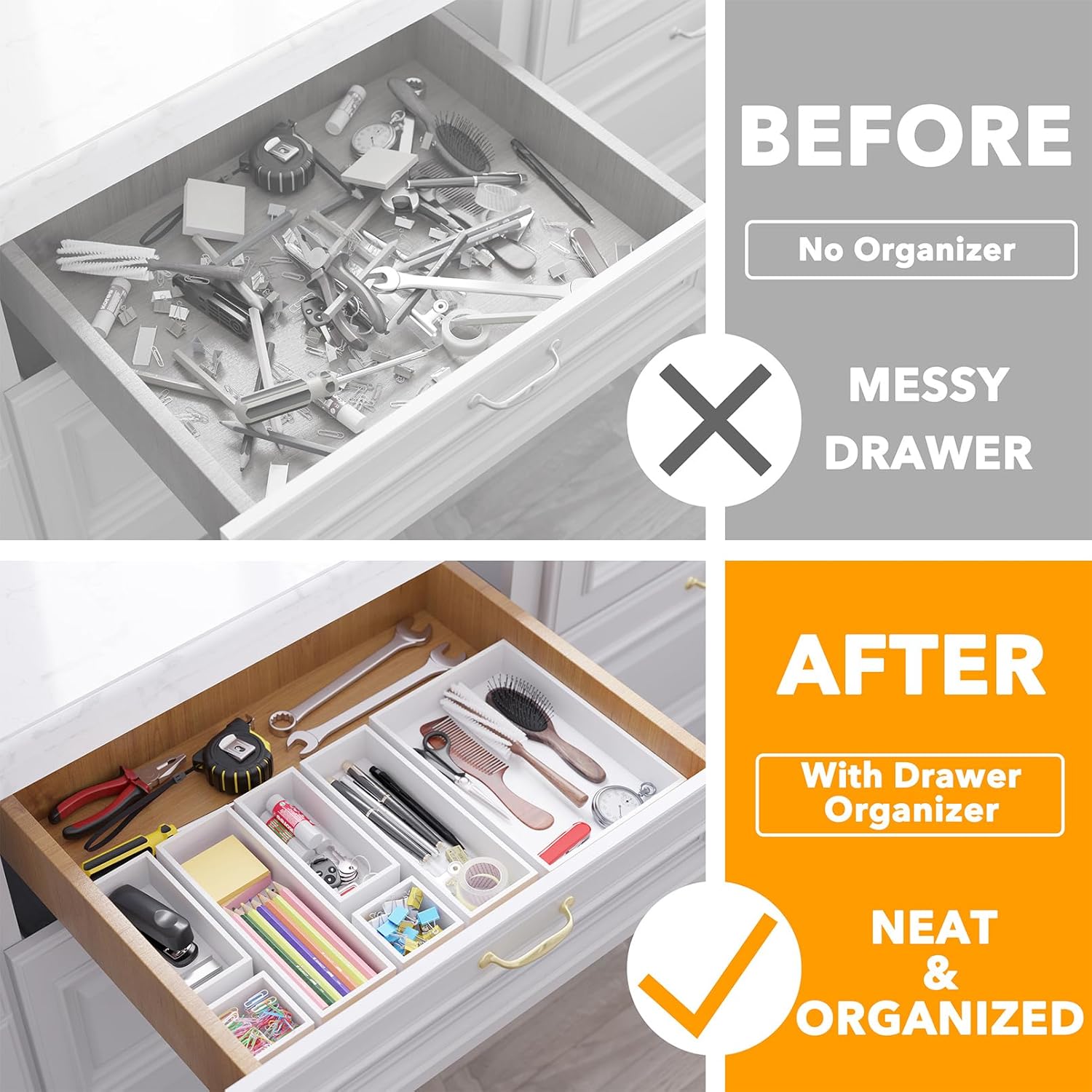 SpaceAid 7-Piece Bamboo Drawer Organizer Storage Boxes Set, Wood Tray Junk Drawer Organizers