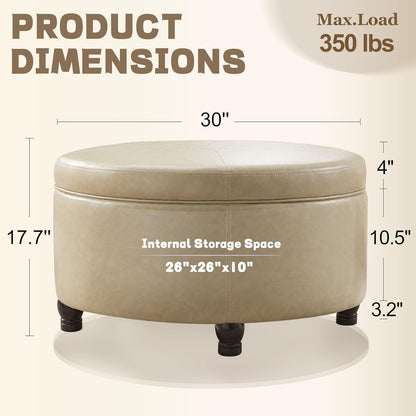 30-Inch Round Storage Ottoman, Modern Ottoman Coffee Table with Removable Top for Living Room