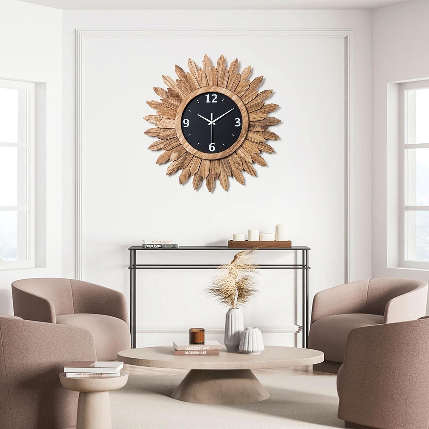 Honiway Large Wall Clock Battery Operated 21 in Rustic Wood Boho Sunburst Decorative Wall Clock