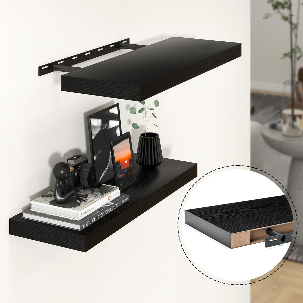 Heimlove 24 inch Floating Shelves for Wall,9.3 inch deep Black Wood Shelves with Invisible