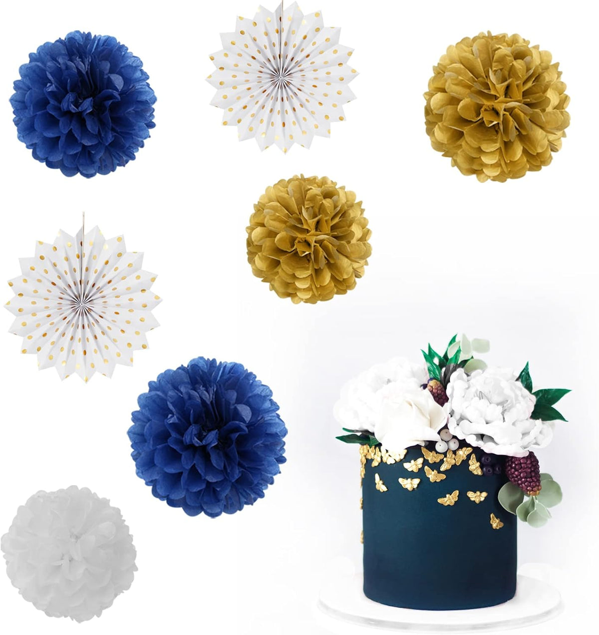 Navy-Blue White Gold Party Decorations - 14pcs Kits Paper Lanterns Fan,Tissue Flower Pom Poms