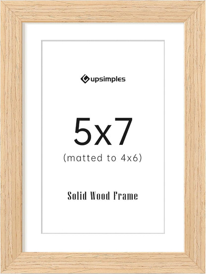 upsimples 5x7 Picture Frame, Natural Solid Wooden Picture Frames, Display 4x6 with Mat or 5 x 7