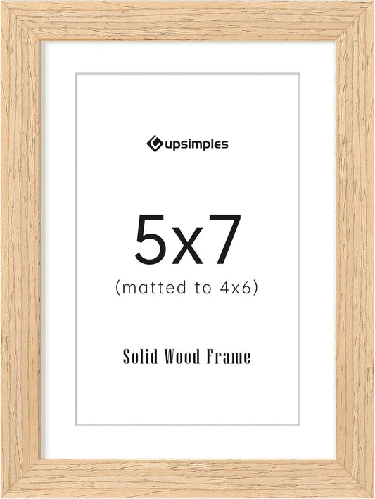 upsimples 5x7 Picture Frame, Natural Solid Wooden Picture Frames, Display 4x6 with Mat or 5 x 7