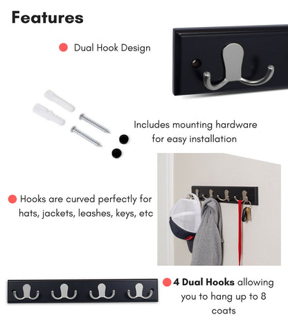 BIRDROCK HOME Dual Hook Coat Rack | 4 Dual Hooks | Wall Mounted Hat Key Rack Rail | Satin Nickel