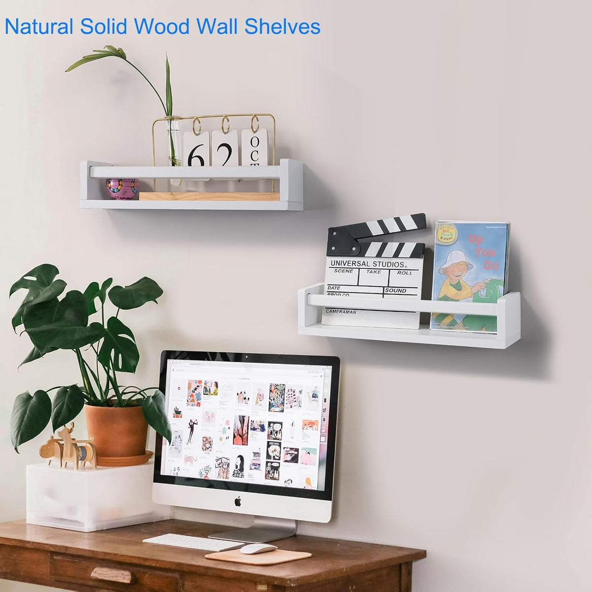 Nursery Book Shelves | Set of 2 Wood Floating Shelves for Kids Room, Kitchen Spice Rack, or Rustic