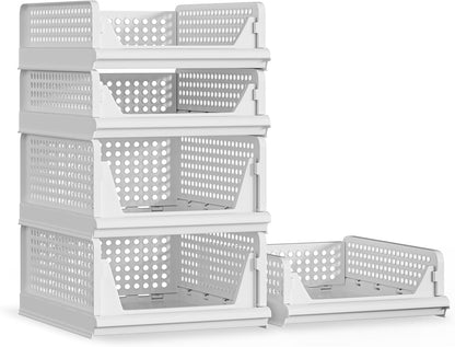 5 Pack Stackable Plastic Storage Basket Closet Organizer Bin Foldable Clothes Organizer Storage