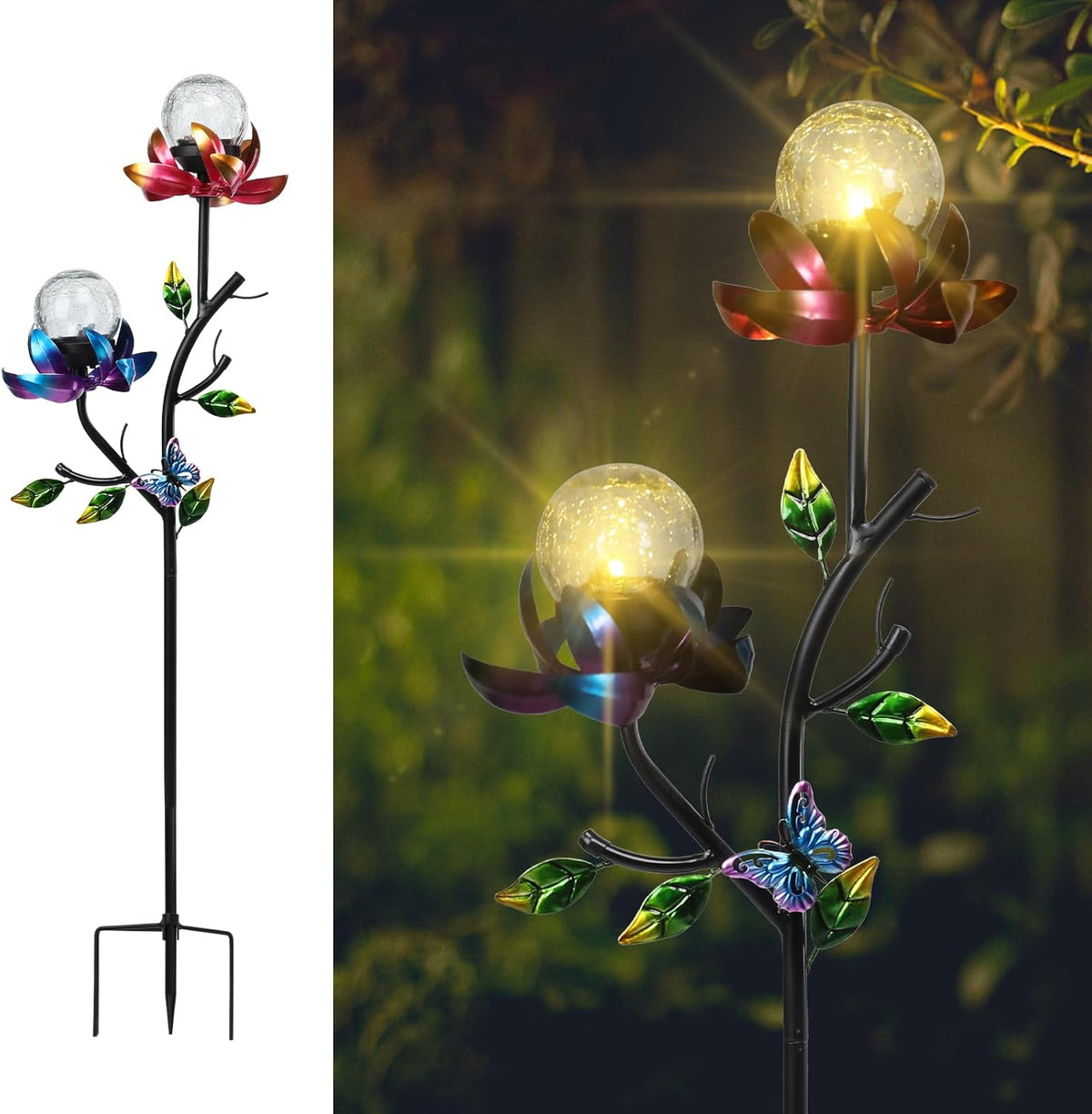 VCUTEKA Solar Garden Light Solar Flowers Light with LED Crackle Glass Globe Solar Lights Outdoor