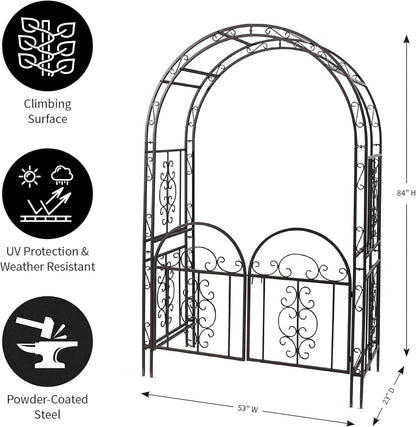 Plow & Hearth Arch Metal Outdoor Garden Arbor Double Gate | Montebello | 7 Feet Tall | Gunmetal