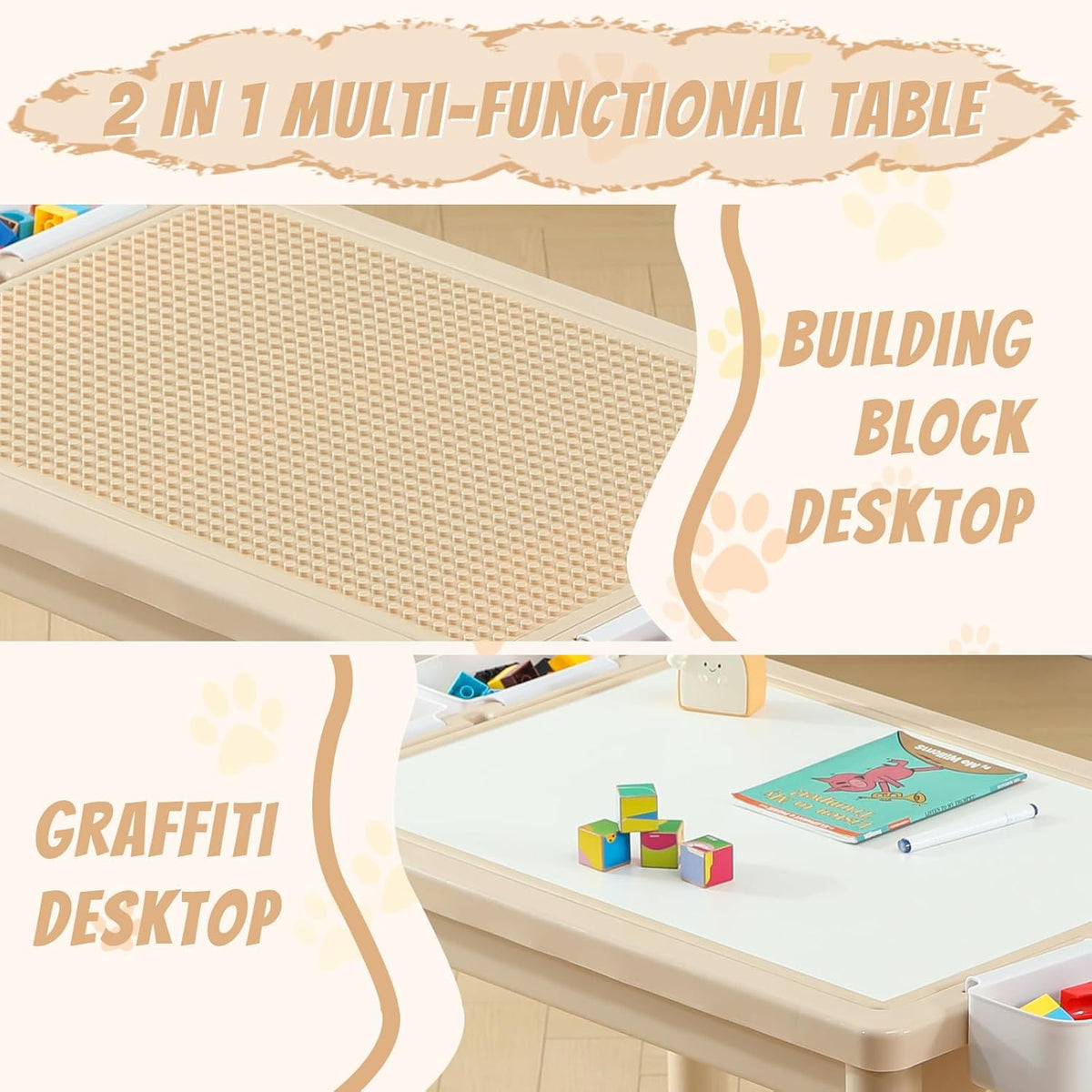 Multi Functional Kids Table and 2 Chairs Set, Graffiti & Building Blocks Double-Sided Tabletop