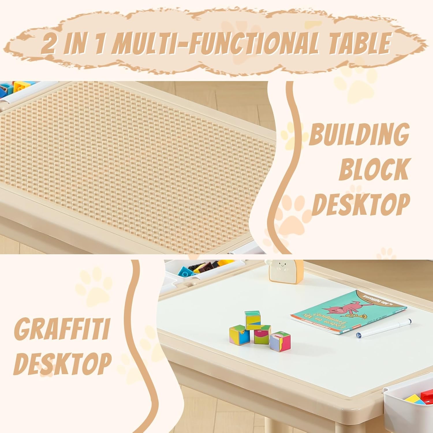 Multi Functional Kids Table and 2 Chairs Set, Graffiti & Building Blocks Double-Sided Tabletop