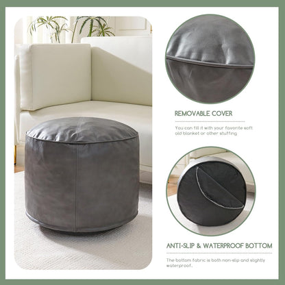 HIGOGOGO Round Stuffed Pouf Ottoman, Pu Leather Poufs with Foam Chunk Filling Foot Stool Storage