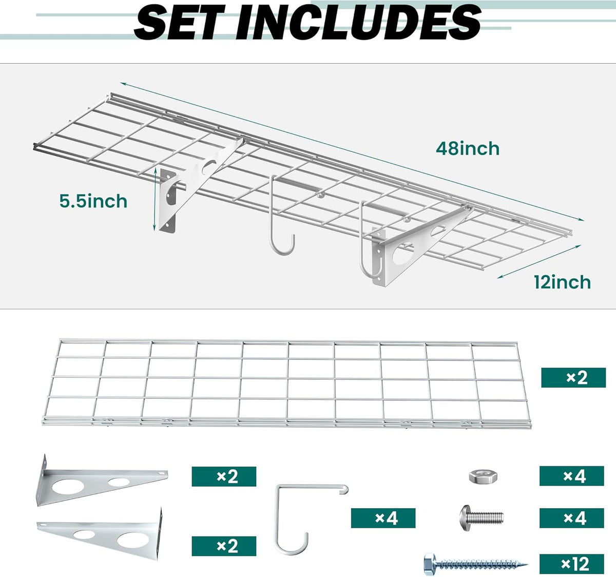 EVERHANGER Garage Wall Shelves, 12 X 48 Inch Wall Mounted Storage Shelves, Heavy Duty Metal