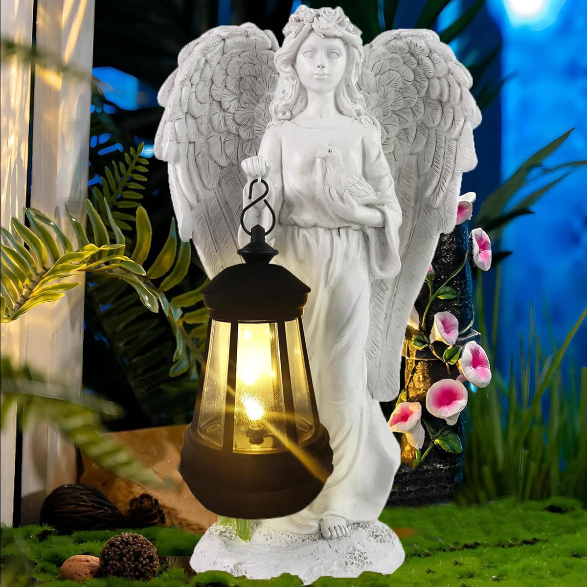 Solar Angel Garden Statue, Angel Figurine Outdoor Decor with Warm White Solar Lantern Garden Angel