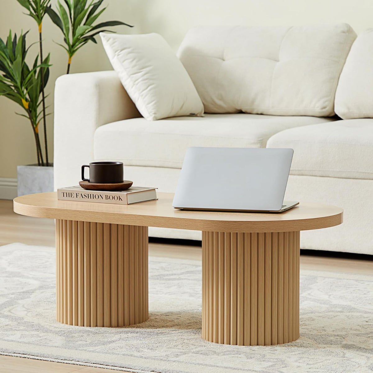 Oval Fluted Coffee Table, Farmhouse Wood Coffee Table Mid Century Modern Center Table Boho Living