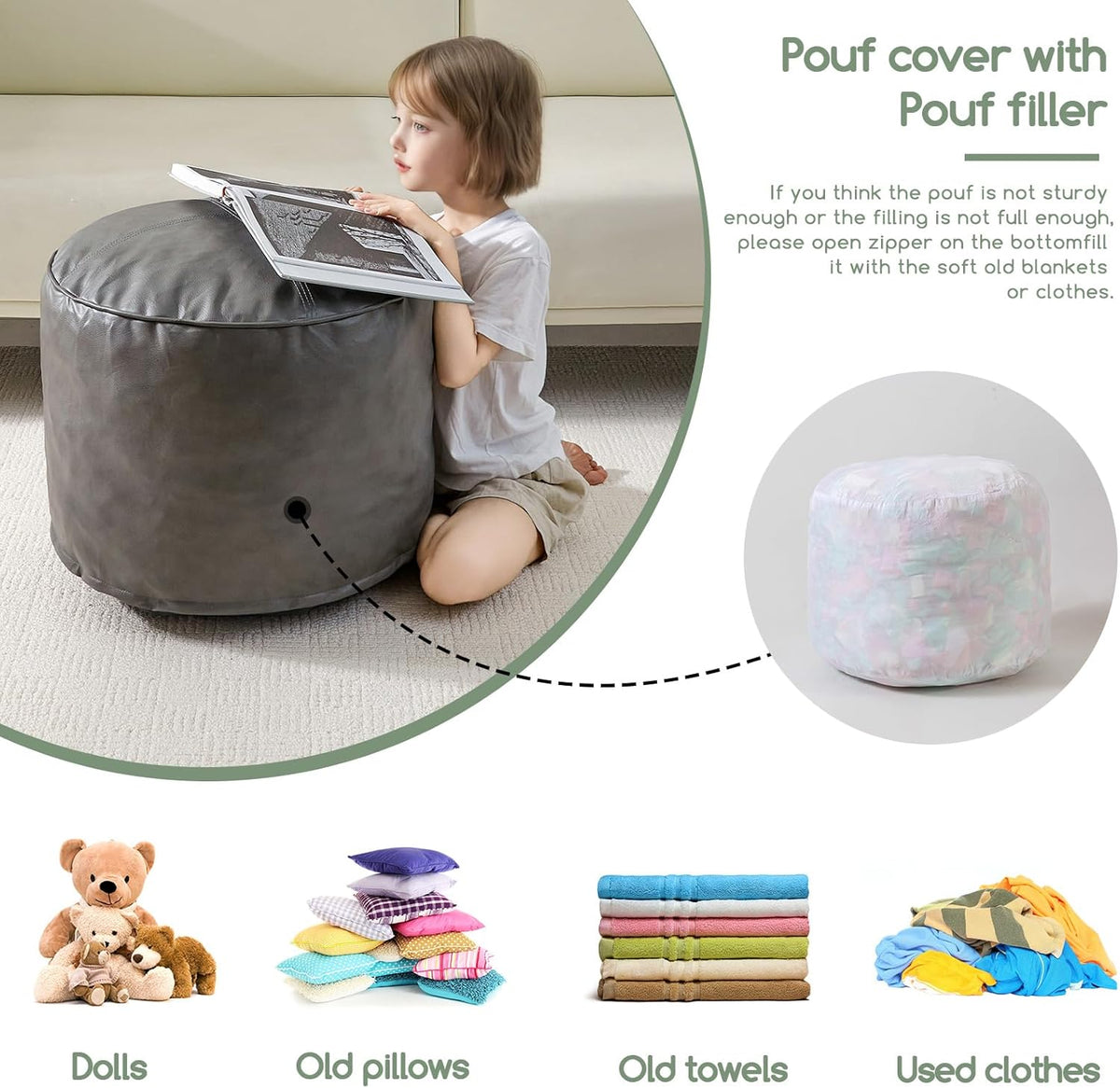 HIGOGOGO Round Stuffed Pouf Ottoman, Pu Leather Poufs with Foam Chunk Filling Foot Stool Storage