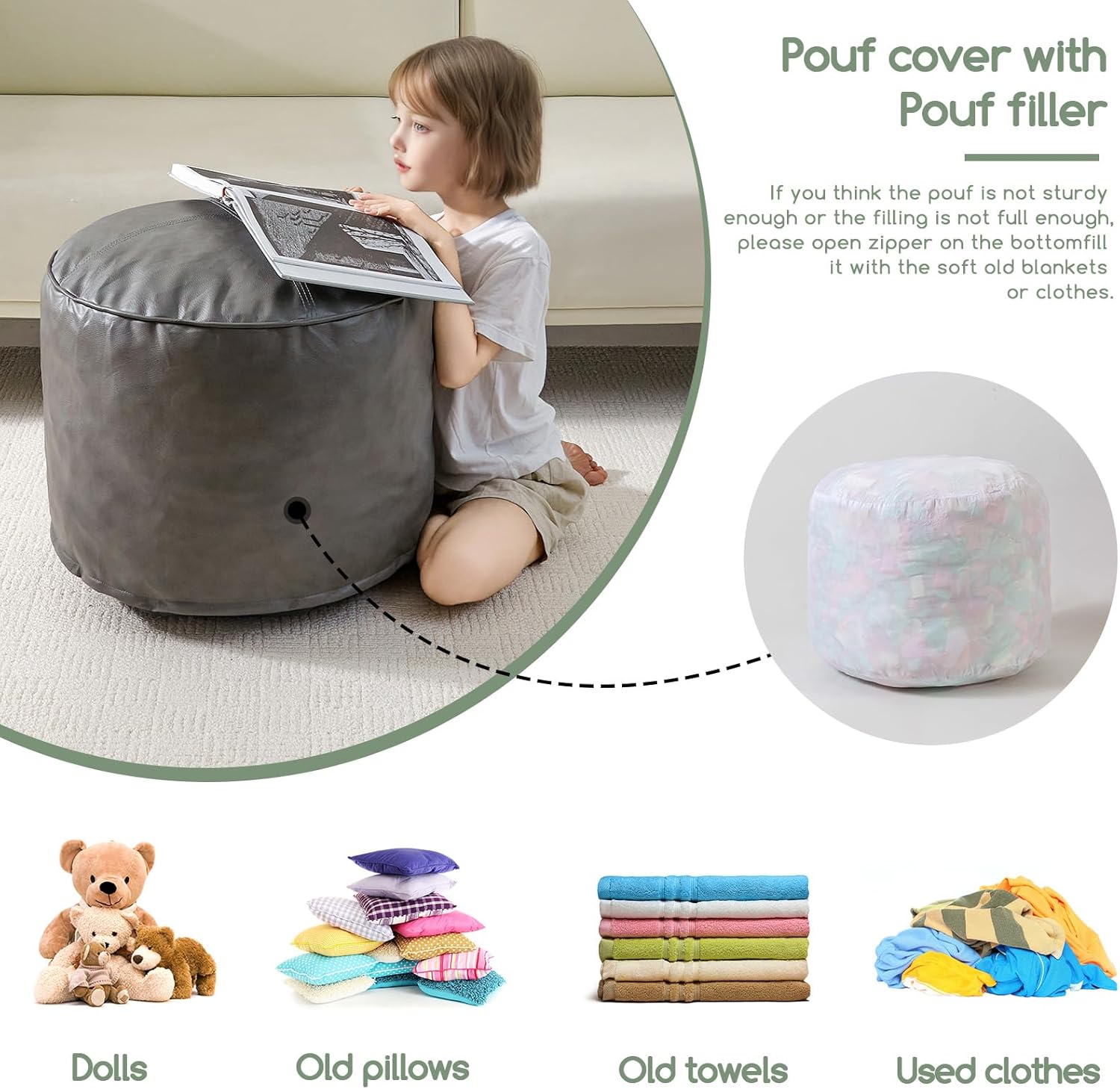 HIGOGOGO Round Stuffed Pouf Ottoman, Pu Leather Poufs with Foam Chunk Filling, Furry and Fluffy
