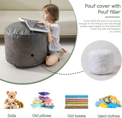 HIGOGOGO Round Stuffed Pouf Ottoman, Pu Leather Poufs with Foam Chunk Filling, Furry and Fluffy