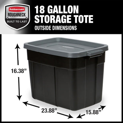 Rubbermaid Roughneck Tote 18 Gal, 6 Pack, Made in USA, Black & Gray, Rugged Plastic Stackable