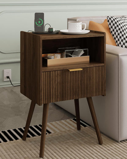 Nightstand,Modern Bedside Table with Storage Drawer and Open Wood Shelf, Accent Night Stand with