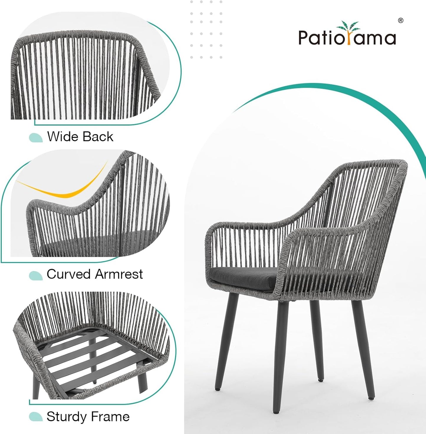 Patiorama Outdoor Dining Chairs, Patio Dining Chair Set of 2, All-Weather Woven Rope Rattan Chairs