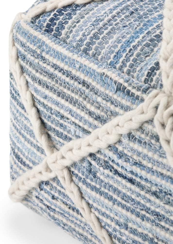 SIMPLIHOME Cowan Boho Square Pouf in Blue, Natural Handloom Woven for the Living Room, Bedroom and