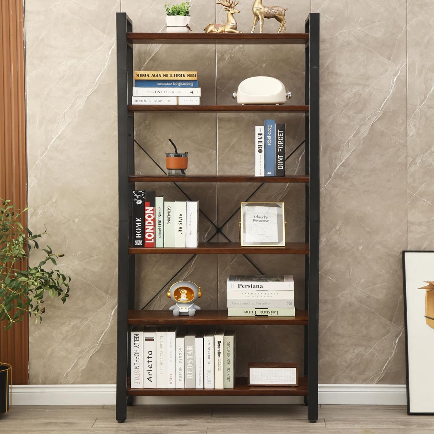 WH-AOERPYMY Natural Real Wood Bookcase,Industrial Bookshelf,6 Tier Solid Wood Open Book Shelf