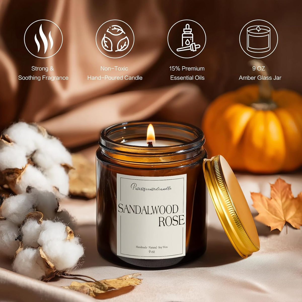 Sandalwood & Rose Scented Candles for Home, Natural Soy Wax Aromatherapy Santal Rose Candle Gifts