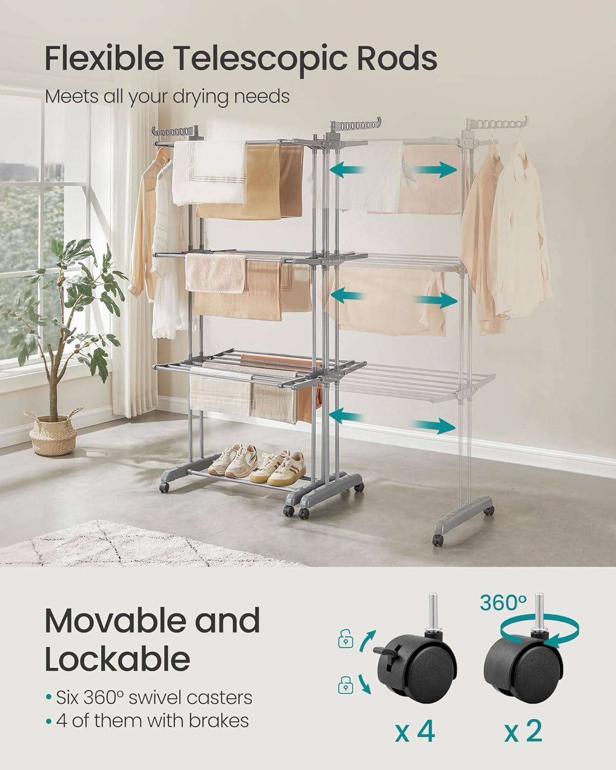 SONGMICS Clothes Drying Rack 4-Tier, Foldable Laundry Drying Rack 69.9-Inch Tall, Extendable Rods