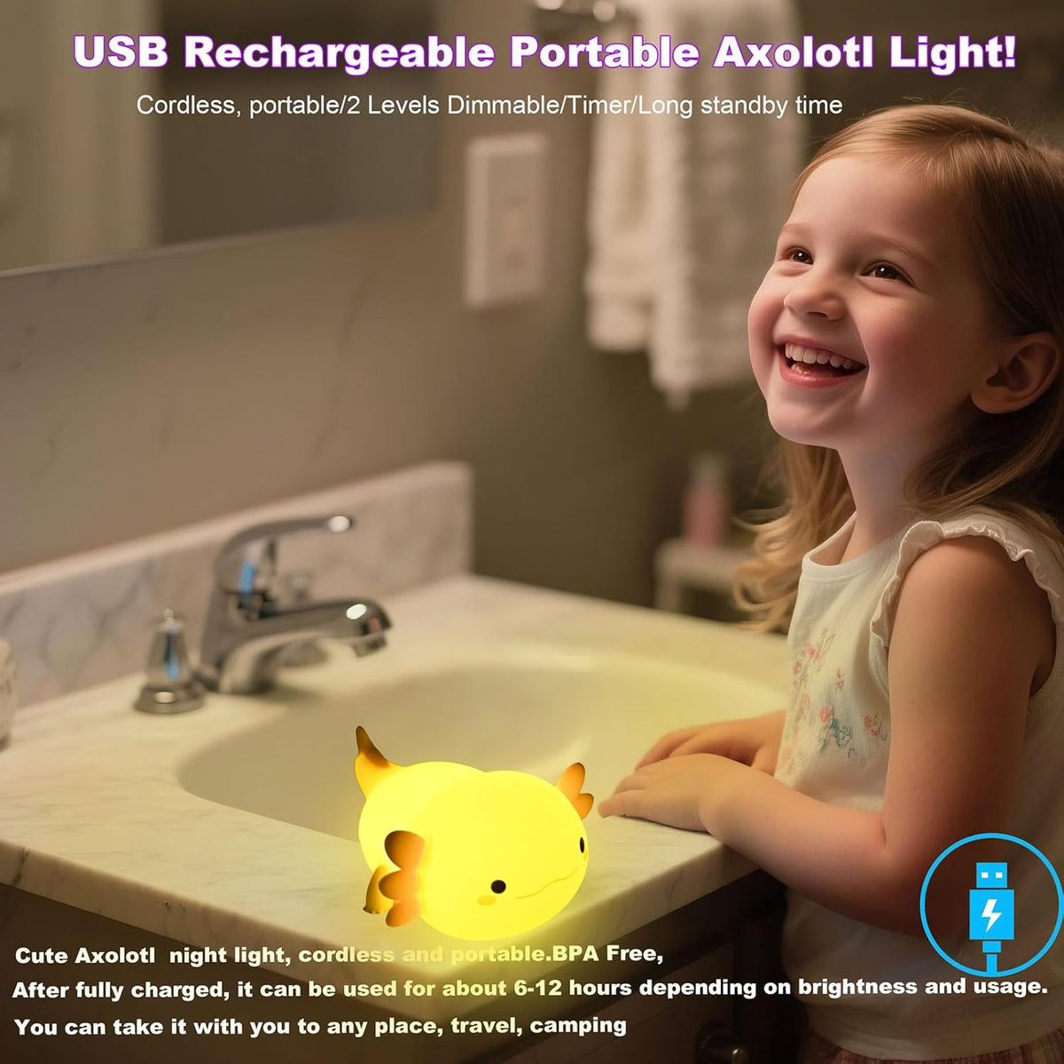 HAPPYBAG Axolotl Night Light,Cute Axolotl lamp Gifts for Kids,Dimmable Silicone Animal Nursery