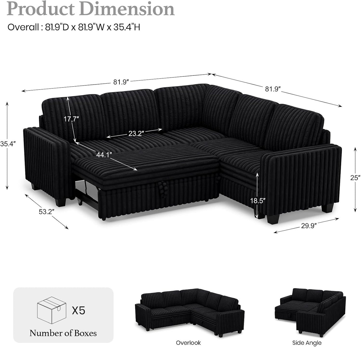 Belffin Plush Corduroy Modular Sectional Sofa with Pull Out Bed Convertible Small Sectional Corner