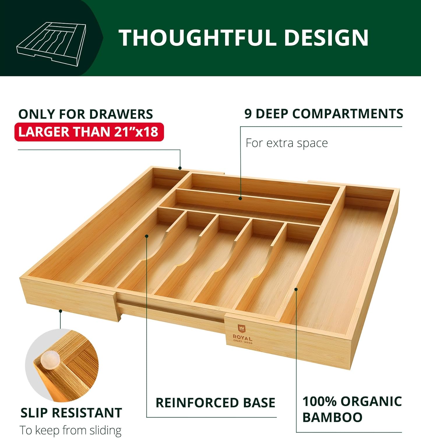 ROYAL CRAFT WOOD Luxury Bamboo Kitchen Drawer Organizer - Silverware Organizer, Utensil Holder &