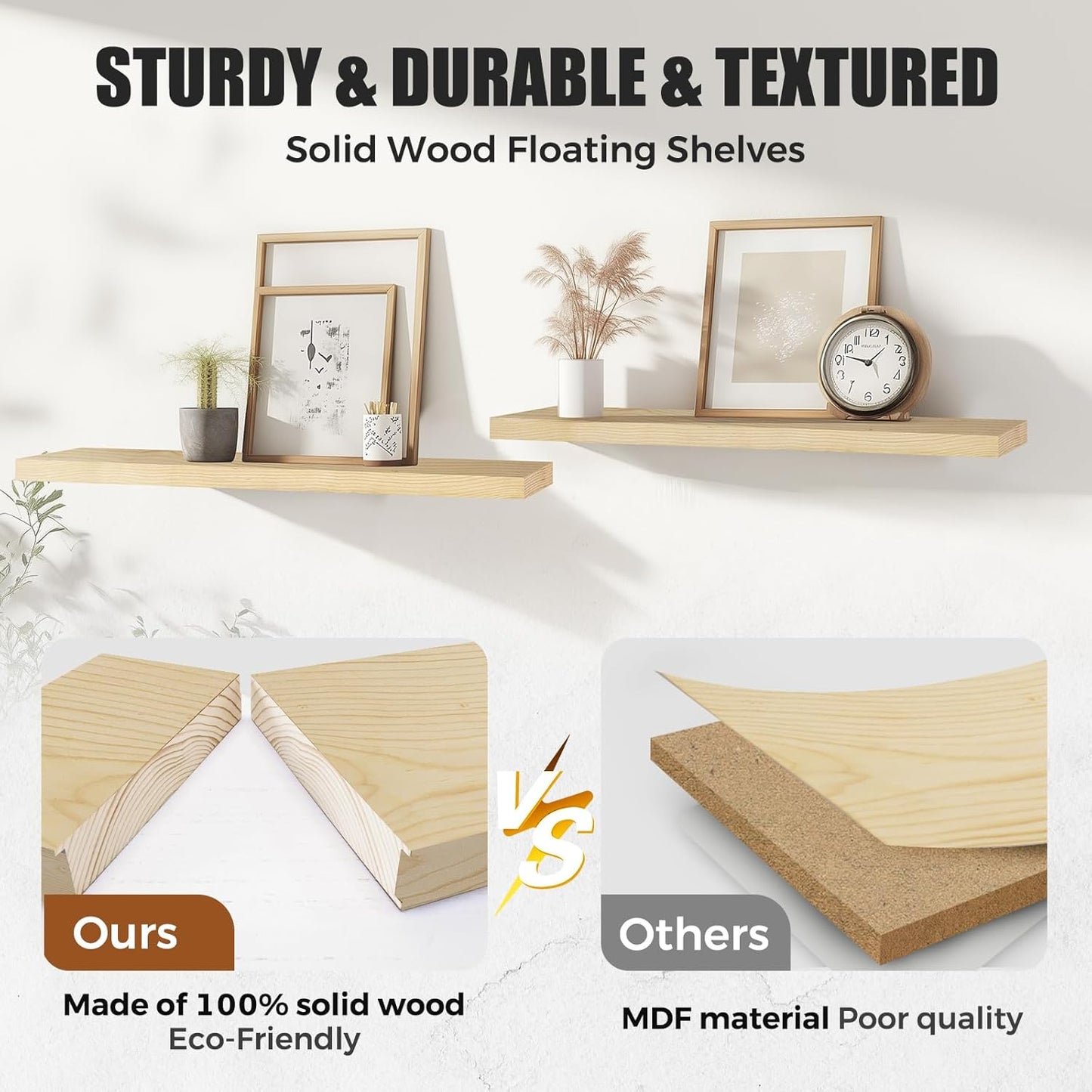 Floating Wall Shelves 4-Pack - Rustic Wood 16-inch Wooden Wall Shelves for Storage and Décor