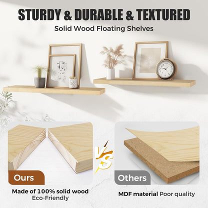 Floating Wall Shelves 4-Pack - Rustic Wood 16-inch Wooden Wall Shelves for Storage and Décor