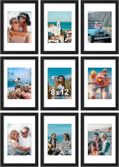Vittanly 8x12 Picture Frames Set of 9, Shatter Resistant Plexiglass, Display 6x8 Pictures with Mat