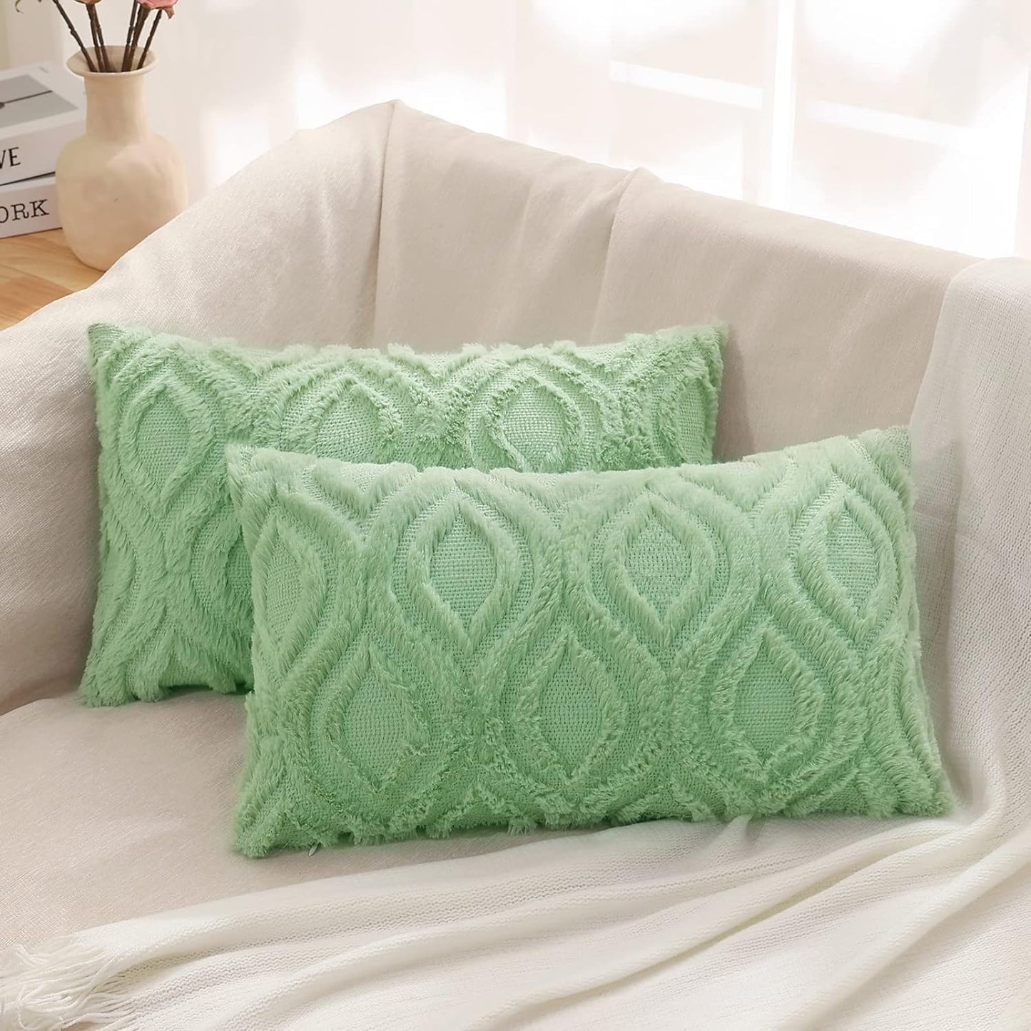 decorUhome Throw Pillow Covers 12x20 Inch Set of 2, Soft Plush Decorative Faux Fur Sage Green Solid