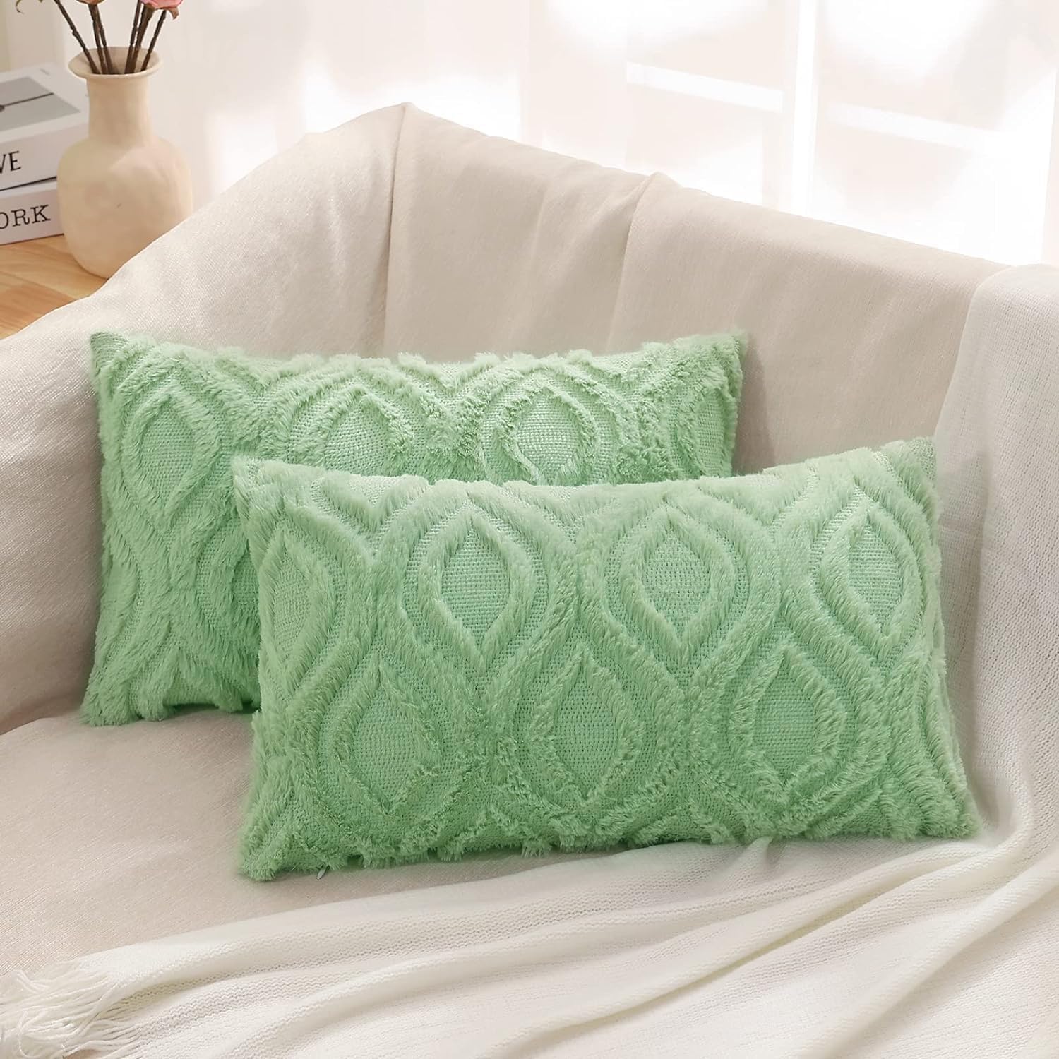 decorUhome Throw Pillow Covers 12x20 Inch Set of 2, Soft Plush Decorative Faux Fur Sage Green Solid
