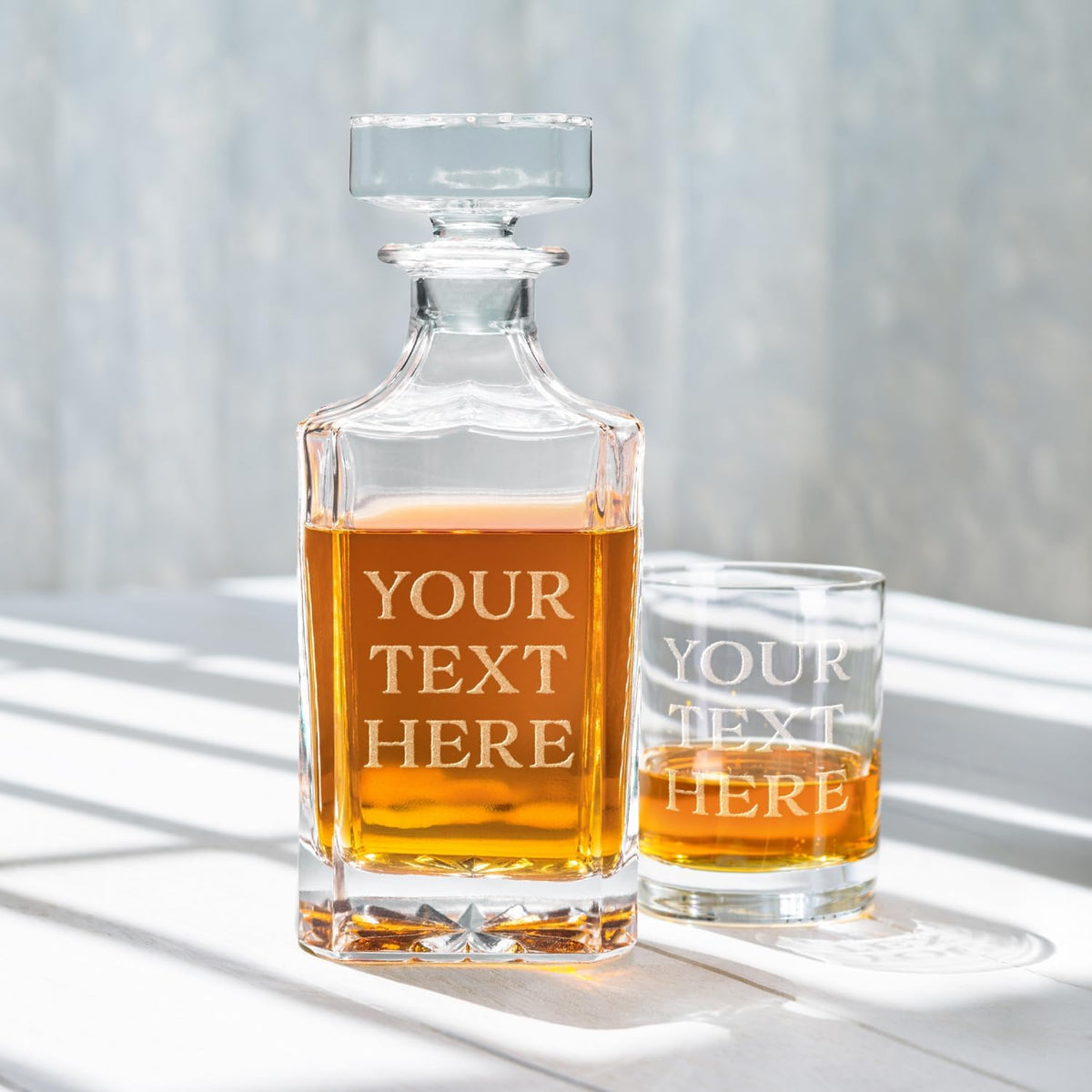 Gifts Inscribed Custom Text Whiskey Decanter & Glasses Set of 2 – Engraved Glass Cups Drinking