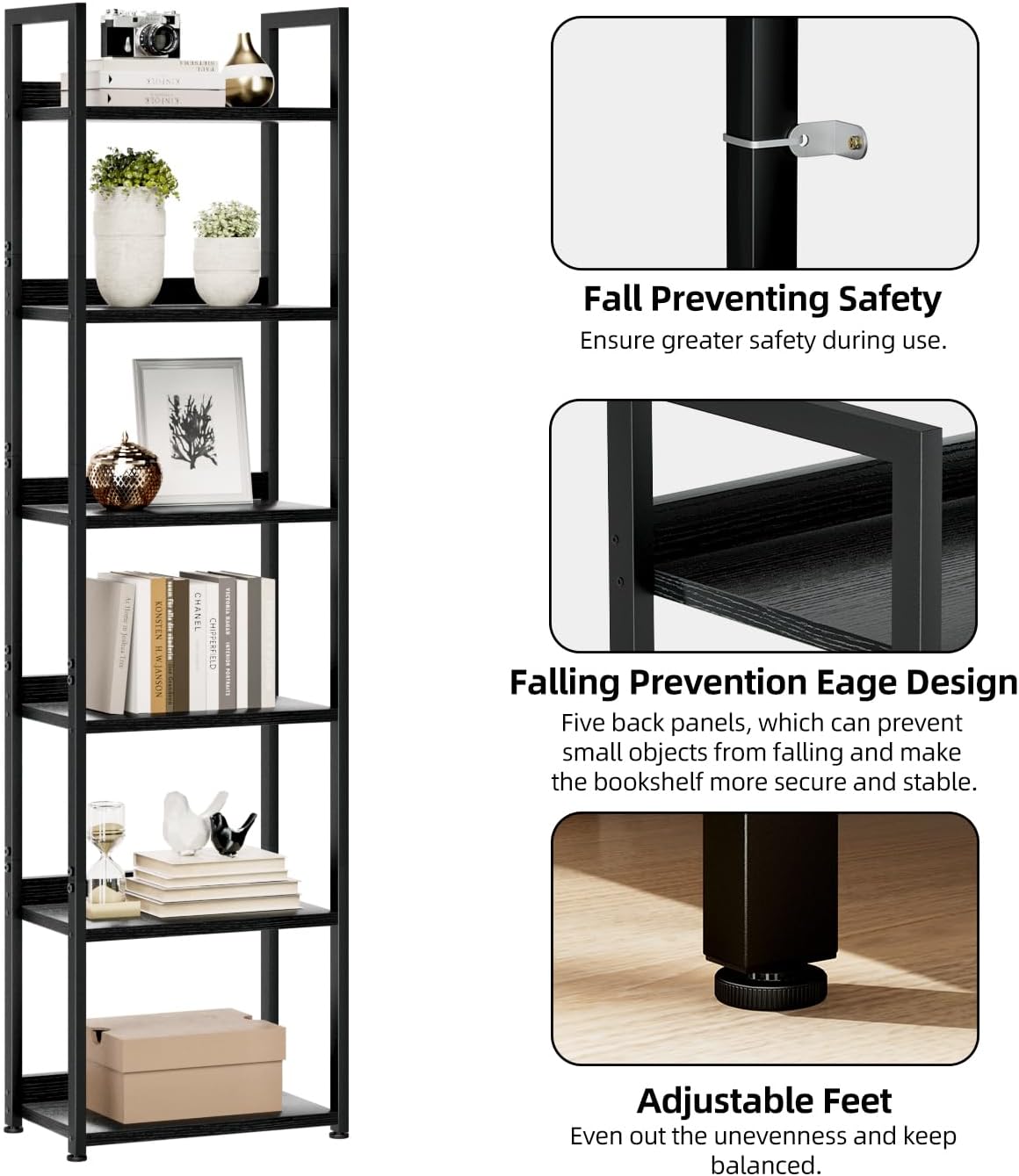 NUMENN Narrow Bookshelf, 6 Tier Bookshelves, Home Office Bookcase Shelf Storage Organizer, Free